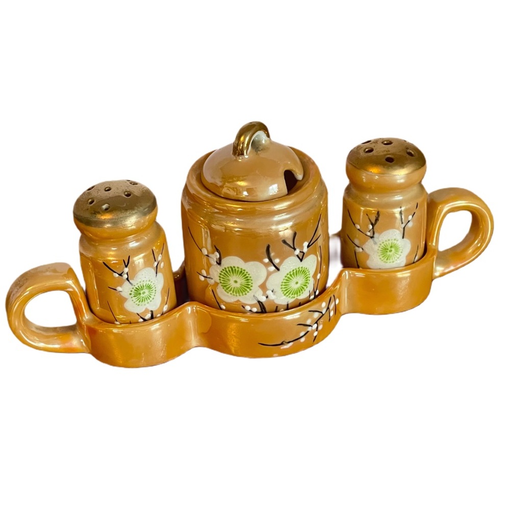 Gold Lustre Condiment Tray Set Salt Pepper & Sugar Japan Mid-Century Sacura